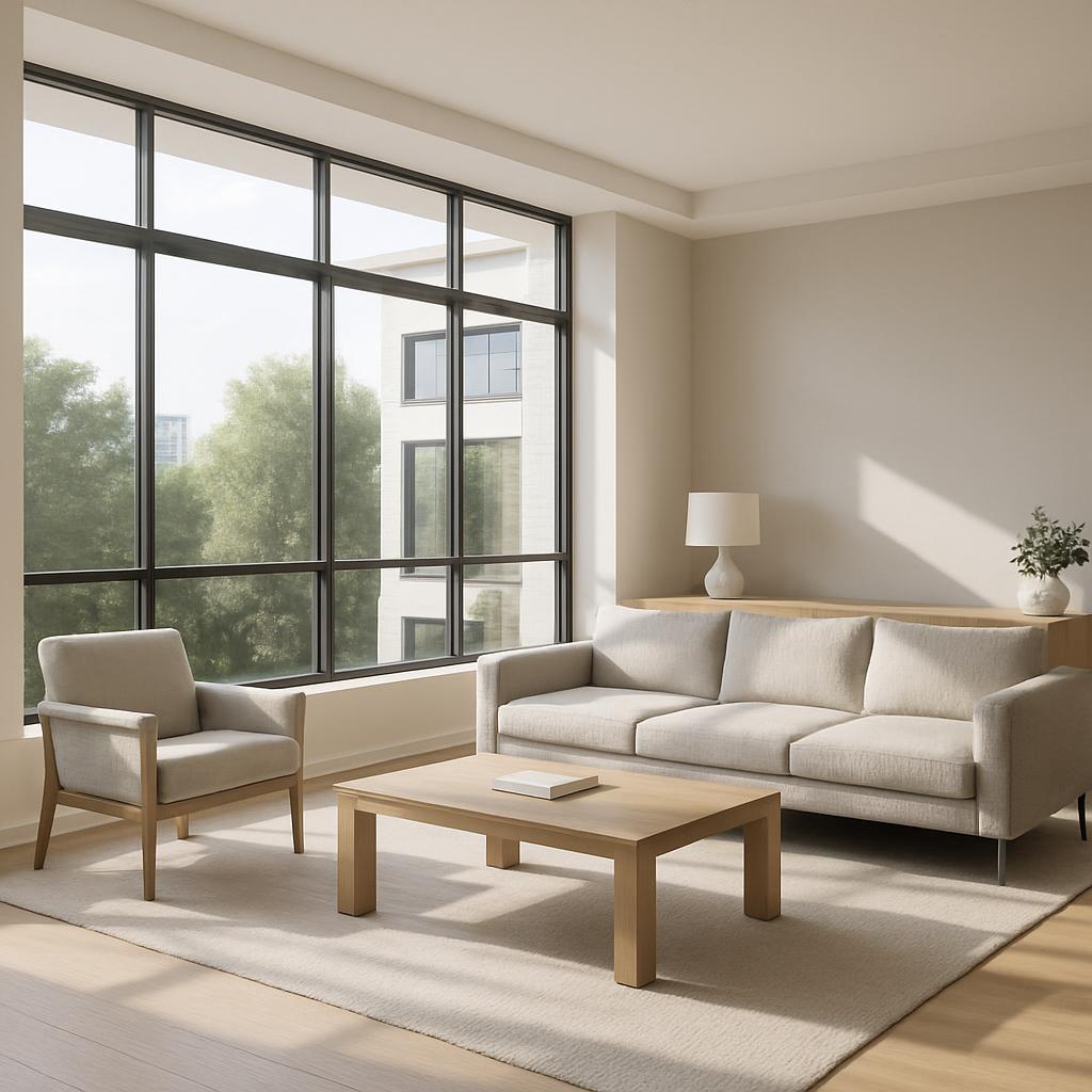 A large window frame fills the left side of a living room, with sunlight pouring into the room and reflecting off a large ...