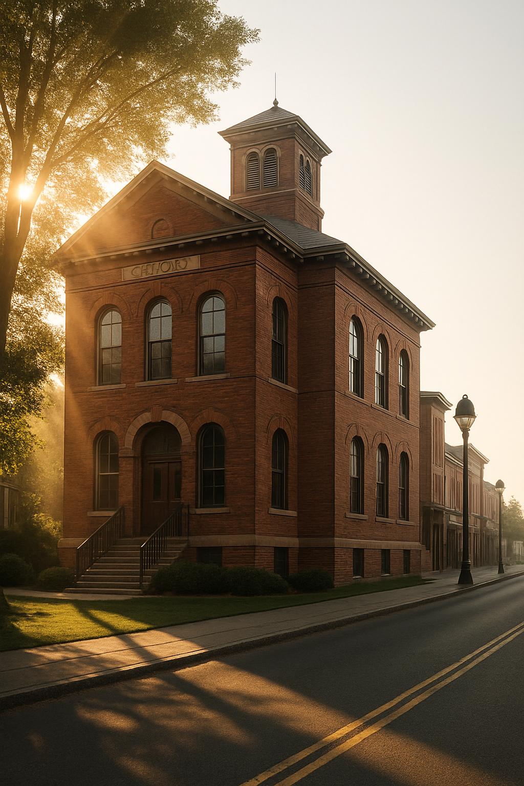 Historic brick school building along a quiet street, featuring trees and lampposts, bathed in the warm glow of the sun's r...