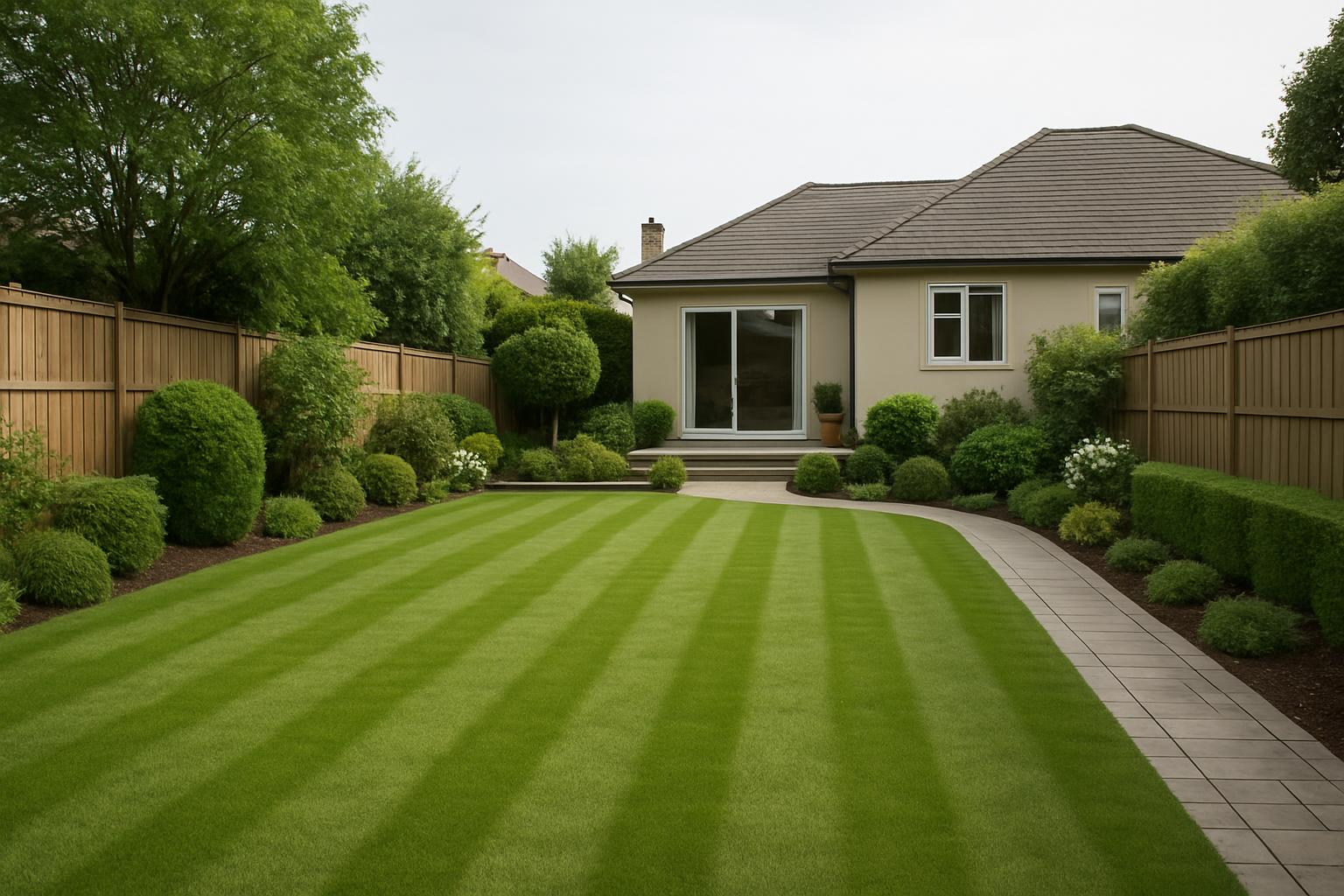 A manicured lawn with a fastball-shaped edge, flanked by neatly trimmed hedges and shrubs, gradually disappears from view ...