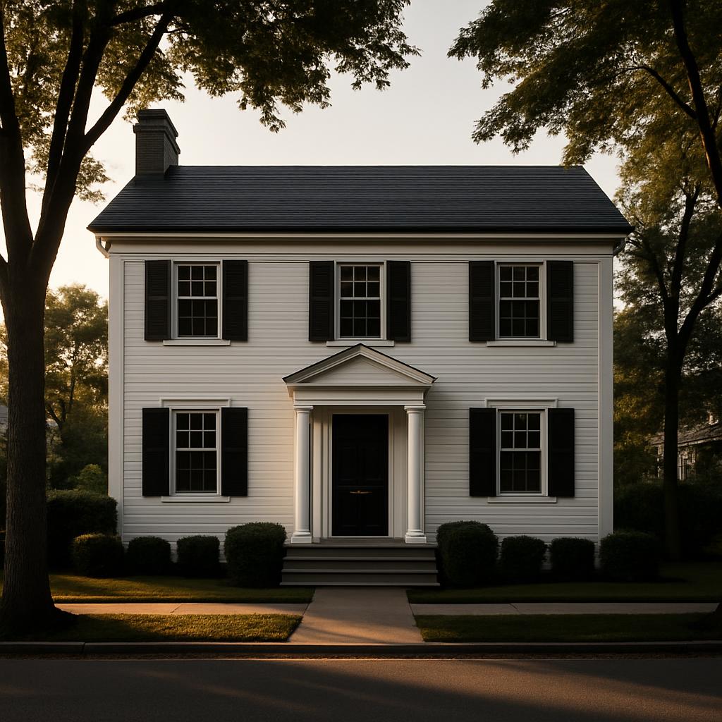 A large, two-story, white suburban house with black shutters, black steps and a black front door.