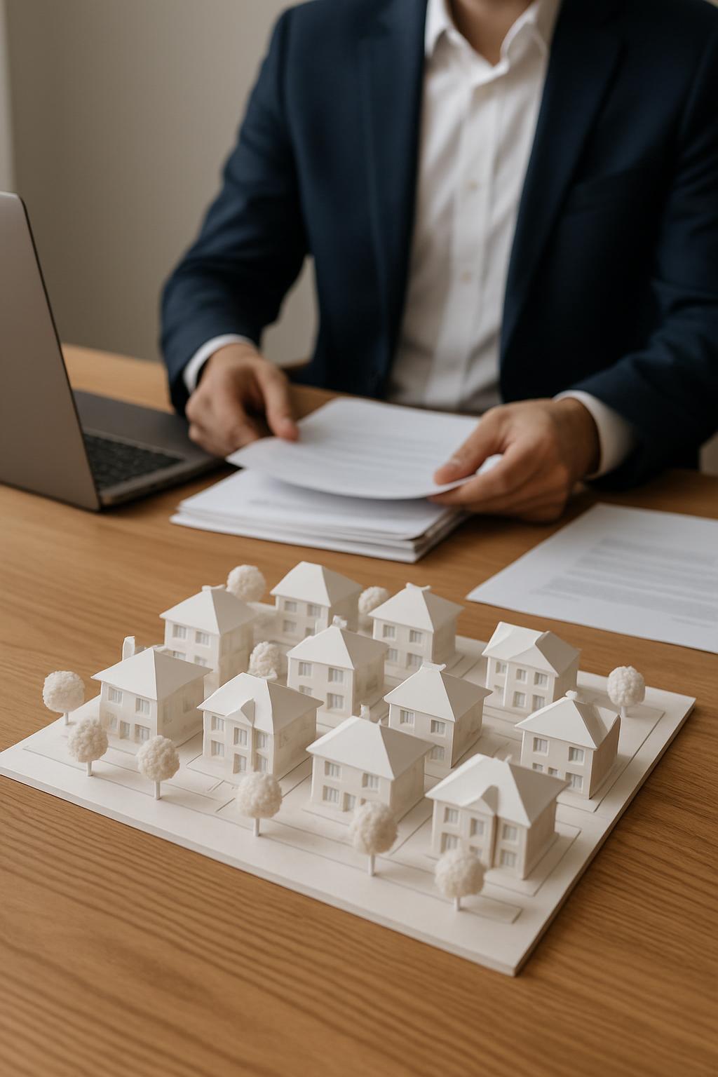 A man in a dark blue suit and white shirt sits at a light-brown wooden table working on a laptop while holding papers in h...