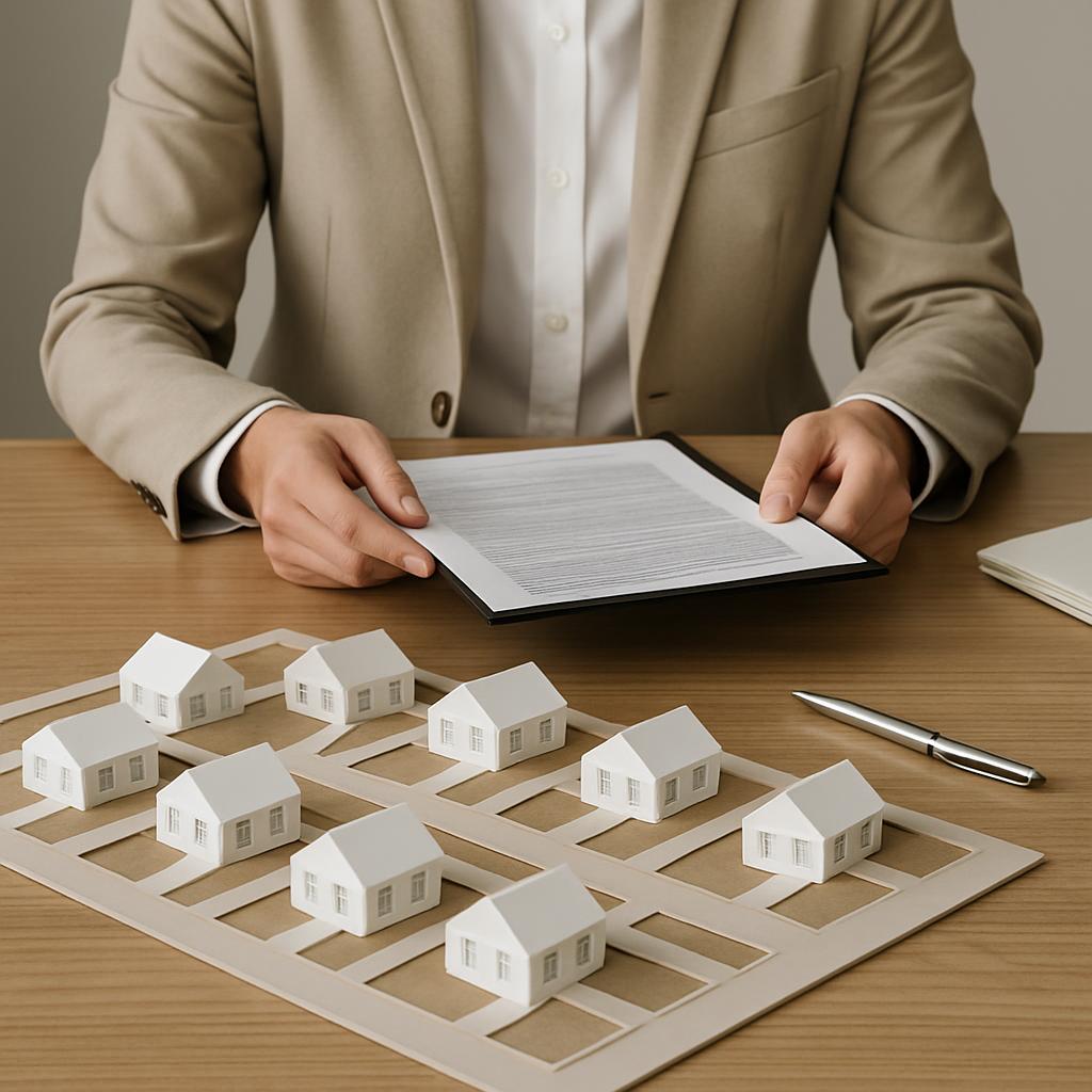 A man in a tan suit holding a sheet of paper and standing in front of a table with a white model of houses and a clipboard...